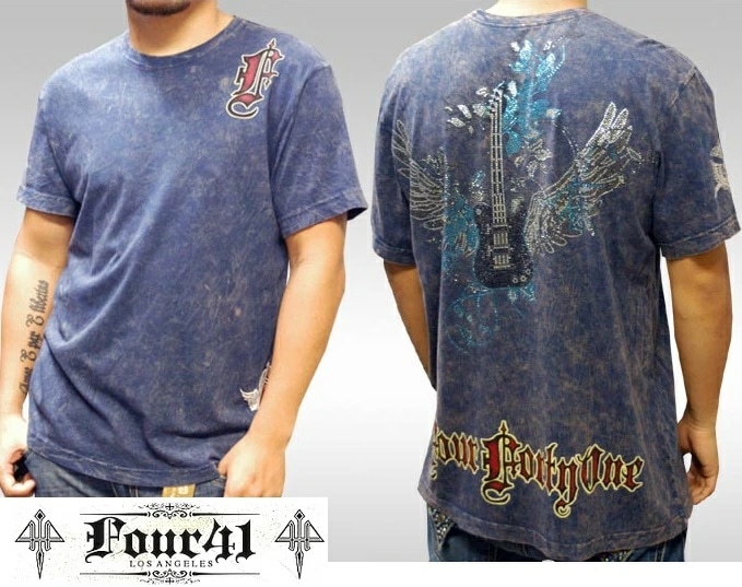 Four41 Los Angeles フォーフォーティーワン メンズ ラインストーン Tシャツ ギターウィングブルー ネイビー M-30 スワロフスキー インポート セレブ ブランド ストリート LA