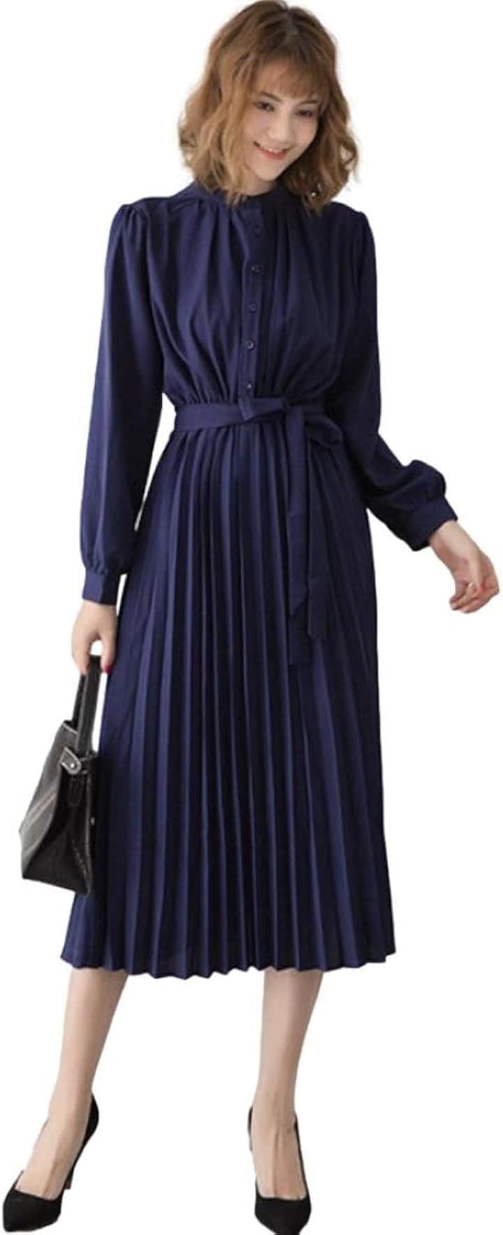 ブルーベリル シフォンワンピース ロング プリーツ レディース 長袖 ハイウエスト ウエストリボン フレア 春 秋 BB054(ネイビー, 2XL)