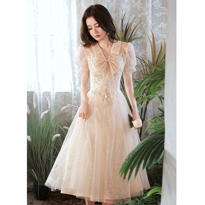 結婚式ドレス 二次会ドレス ミモレ丈ドレス シャンパン色 折り襟 襟付き リボン 可愛い 成人式ドレス 同窓会 謝恩会 パーティードレス 結婚式 二次会 Aライン XS S M L XL XXL XX