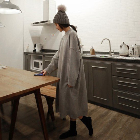 【取寄：納期2週間】ニットワンピース レディース ワンピース 膝下ワンピース ロングワンピース ラウンドネック 長袖 シンプル 無地 ゆったり 体型カバー オーバーシルエット ルーズシルエット 7,480円