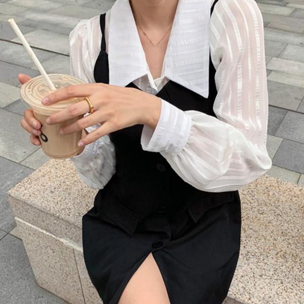 キャミソールワンピース ブラウス 2点セット レディース 長袖 vネック 春秋 124995