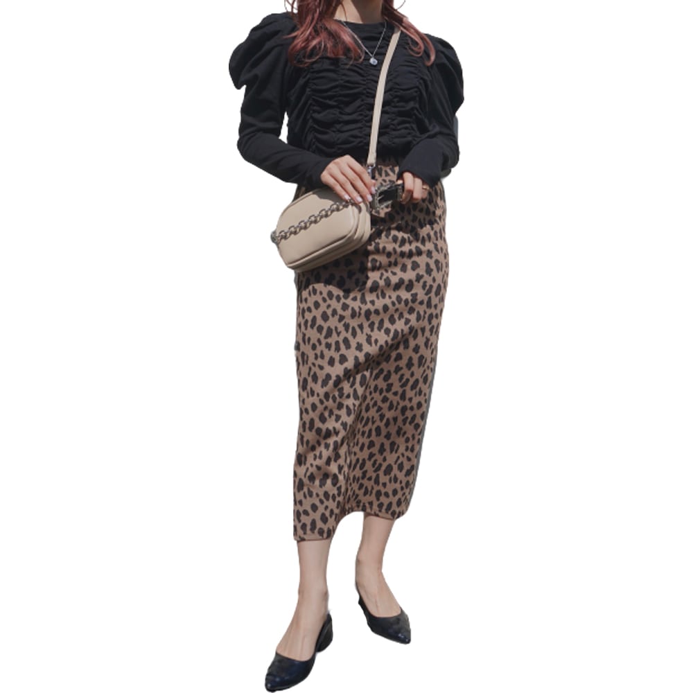 Leopard Stretch H-Line Long Skirt (brown) A,D,G レディース ボトムス