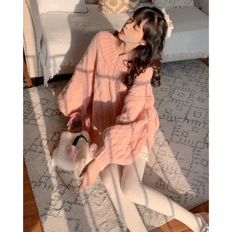 2023新作ソフトルーズピンクVネックセータージャケットレディースシーズンプレミアム感ニットウェア