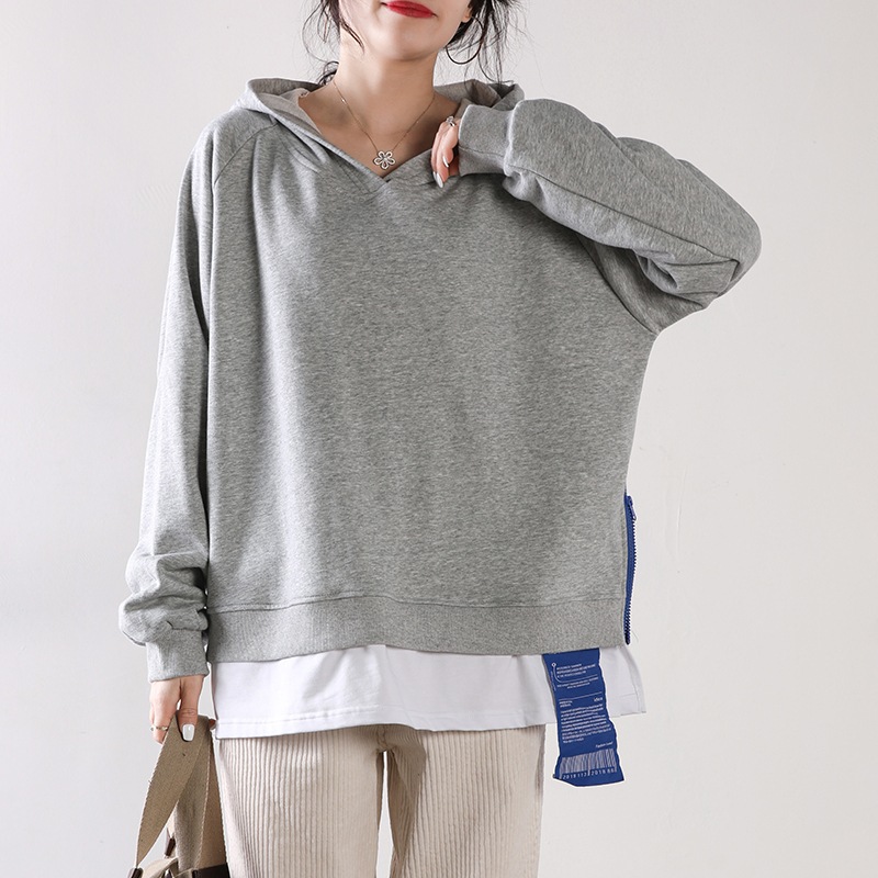 トップス パーカー フーディー 長袖 プルオーバー ミディアム丈 重ね着風 サイドスリット かわいい 大人可愛い きれいめ シンプル 上品 おしゃれ かっこいい カジュアル こなれ感 個性的 主役級