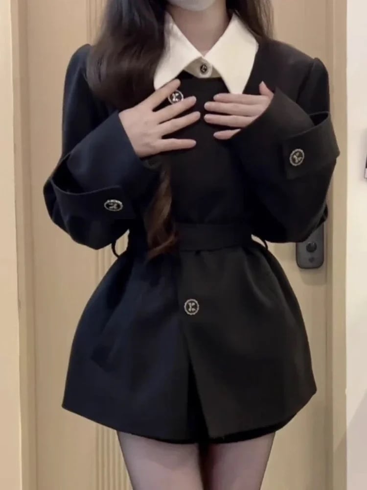 女性のためのプレッピースタイルのレースアップコートとショートパンツのセット,長袖,ハイウエスト,スリムでシックなデザイン,モノクロ,ファッション,2ピース,2025 - 200