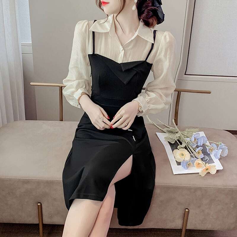 レディース ワンピース フェイクレイヤード 襟付き スリット 長袖 お呼ばれ フォーマル エレガント 大人可愛い ママコーデ ママファッション 韓国系 オルチャン 人気 トレンド 新作 20代 30代