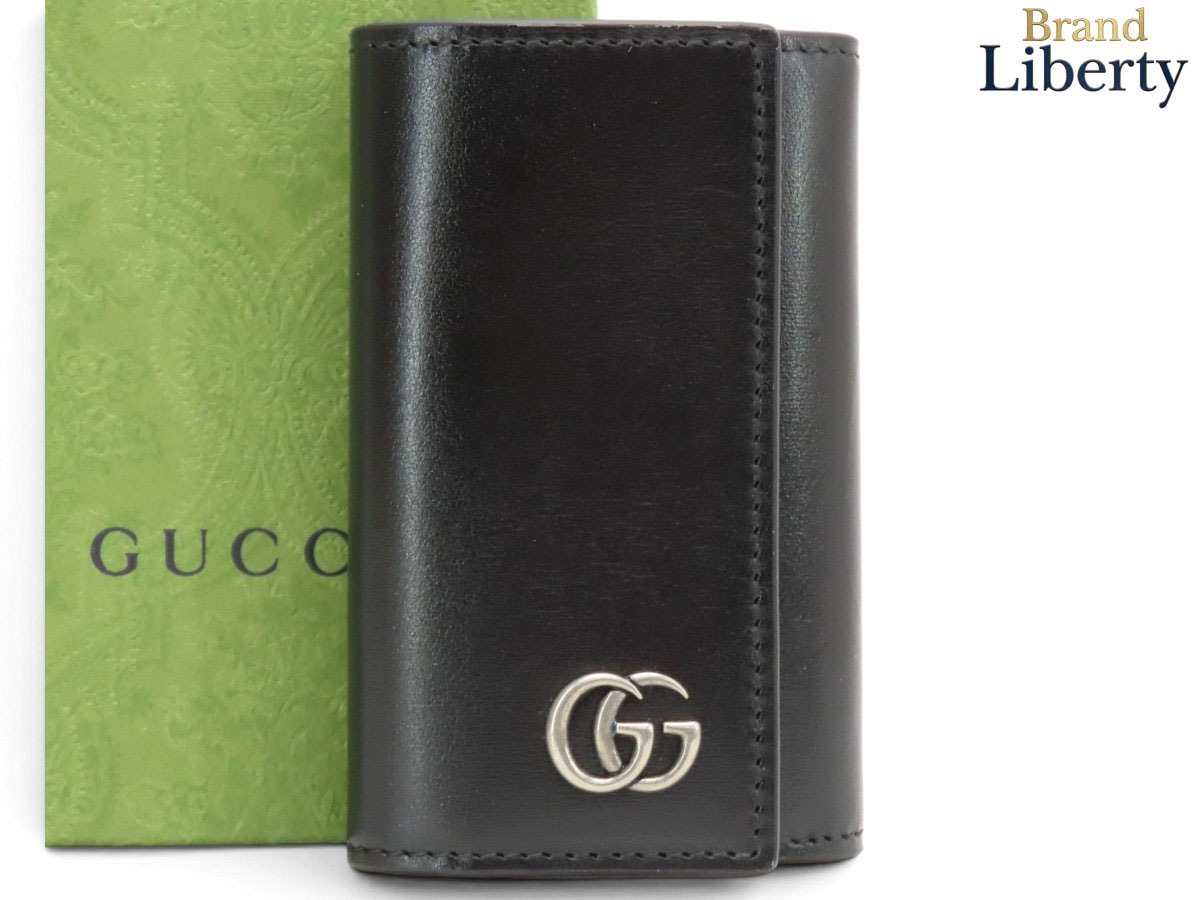 新品同様グッチGUCCIGGマーモントダブルG6連キーケースキーリングキーホルダーキーリング付きブラックシルバー金具レザー435305