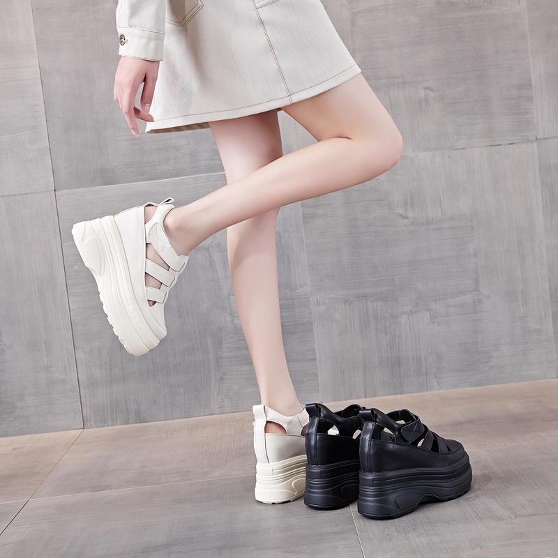 新品登場 厚底 サンダル 本革 12cm ウェッジソール スポサン 黒 白 身長アップ 春夏 可愛い メンズライク 韓国系 カットオフ 編み込み風 アンクル ストラップ 無地 レザーサンダル 高ヒール