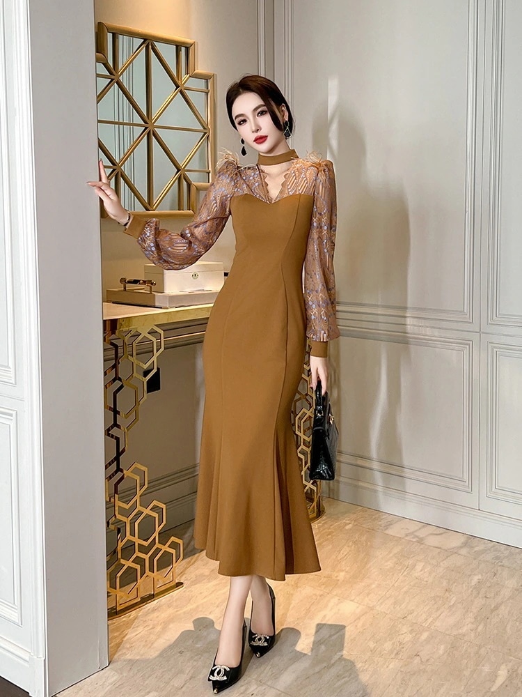 パーティードレス 同窓会 披露宴 二次会 秋冬 マーメイド ロングワンピース 着痩せ レース キャバ ウェディング 大人 ドッキング 演奏会 卒業式 結婚式