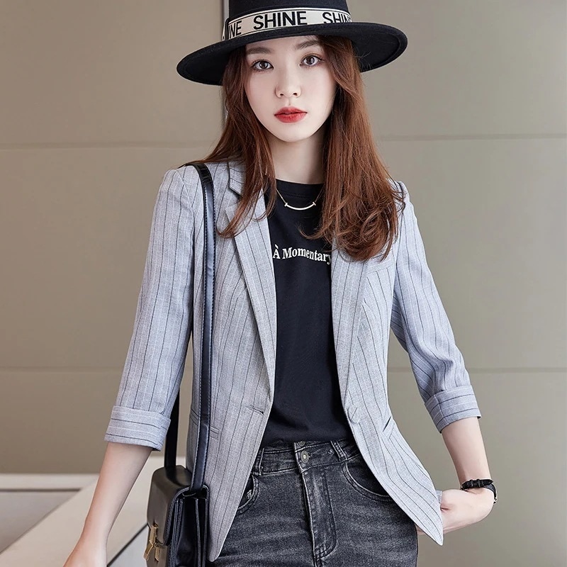 超目玉品テーラードジャケット春秋レディースジャケット七分袖ストライプ柄アウター韓国風着痩せ気質オシャレゆったりコーデ作通勤仕事結婚式七五三
