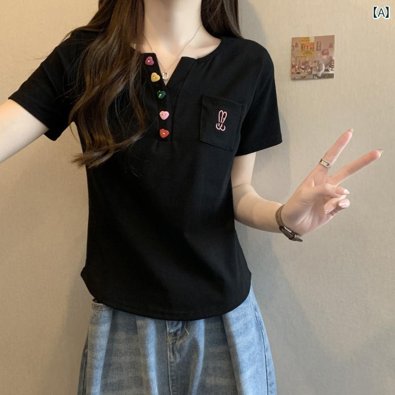 Vネック　トップス　レディース 夏の 女性用 Vネック 半袖 Tシャツ 刺繍で お腹を カバー し 細く 見せます 大きいサイズ 太めの mm シック トップス