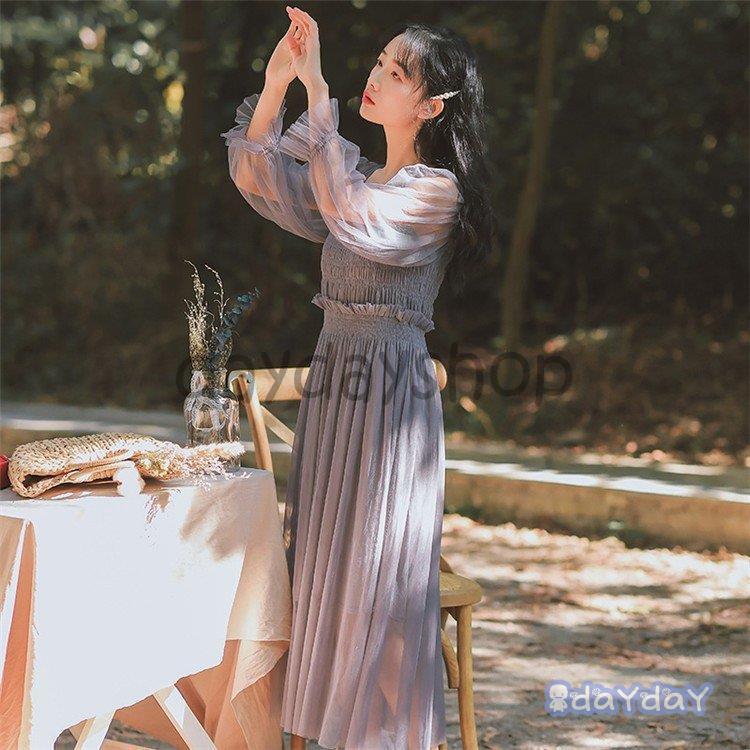 ワンピースドレス レディース 春秋 膝丈ワンピーススカート レース チュール 長袖 ロング丈ワンピース きれいめ 演奏会 結婚式 2次会 オシャレ 上品