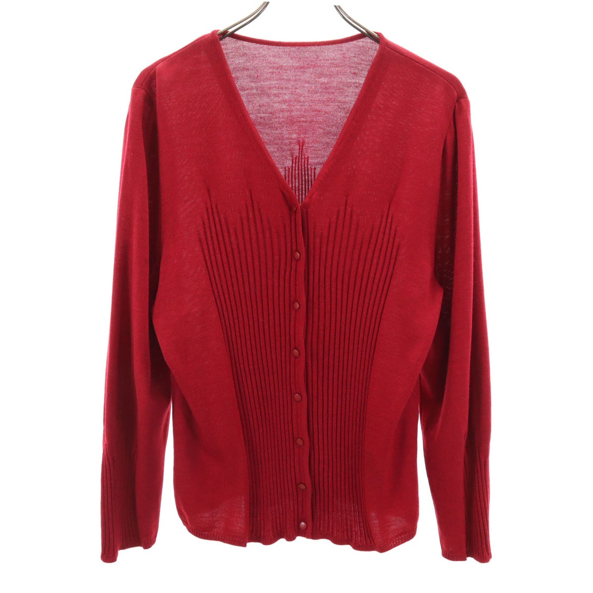 Leilian レリアン 日本製 長袖 Vネック ニットカーディガン 13+ レッド レディース 古着