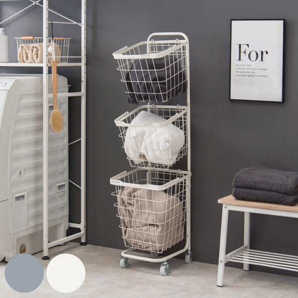 ランドリーワゴン 3段 スリム 幅35cm スクエアバスケット ランドリーラック バスケット付 角型