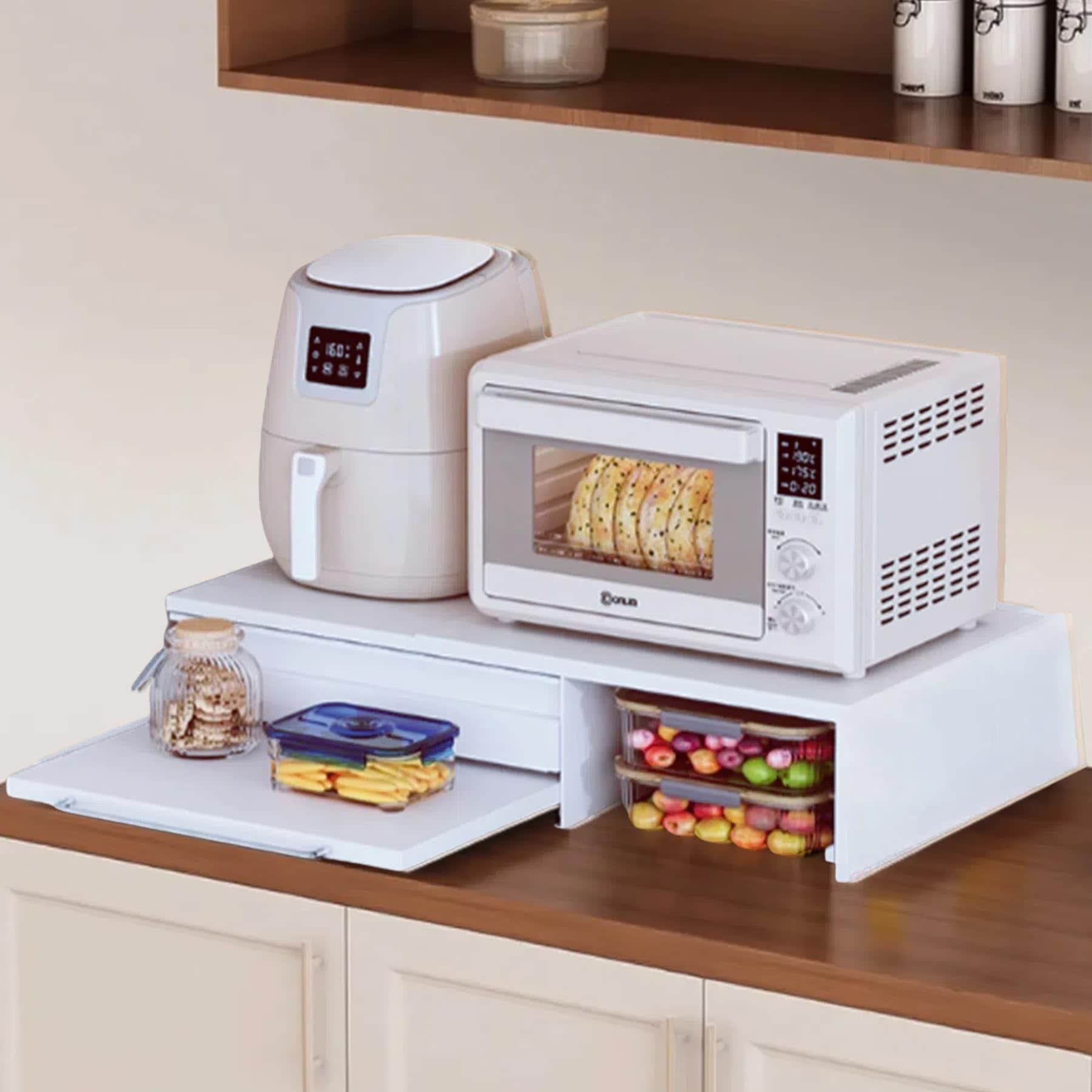 レンジ下スライドテーブル 引出し付き 幅 46-96cm 伸縮 耐荷重 60kg 炊飯器/トースター対応 キッチン収納省スペース 調味料/スパイスラック 取っ手付き簡易設置 家電下収納ラック 8,515円