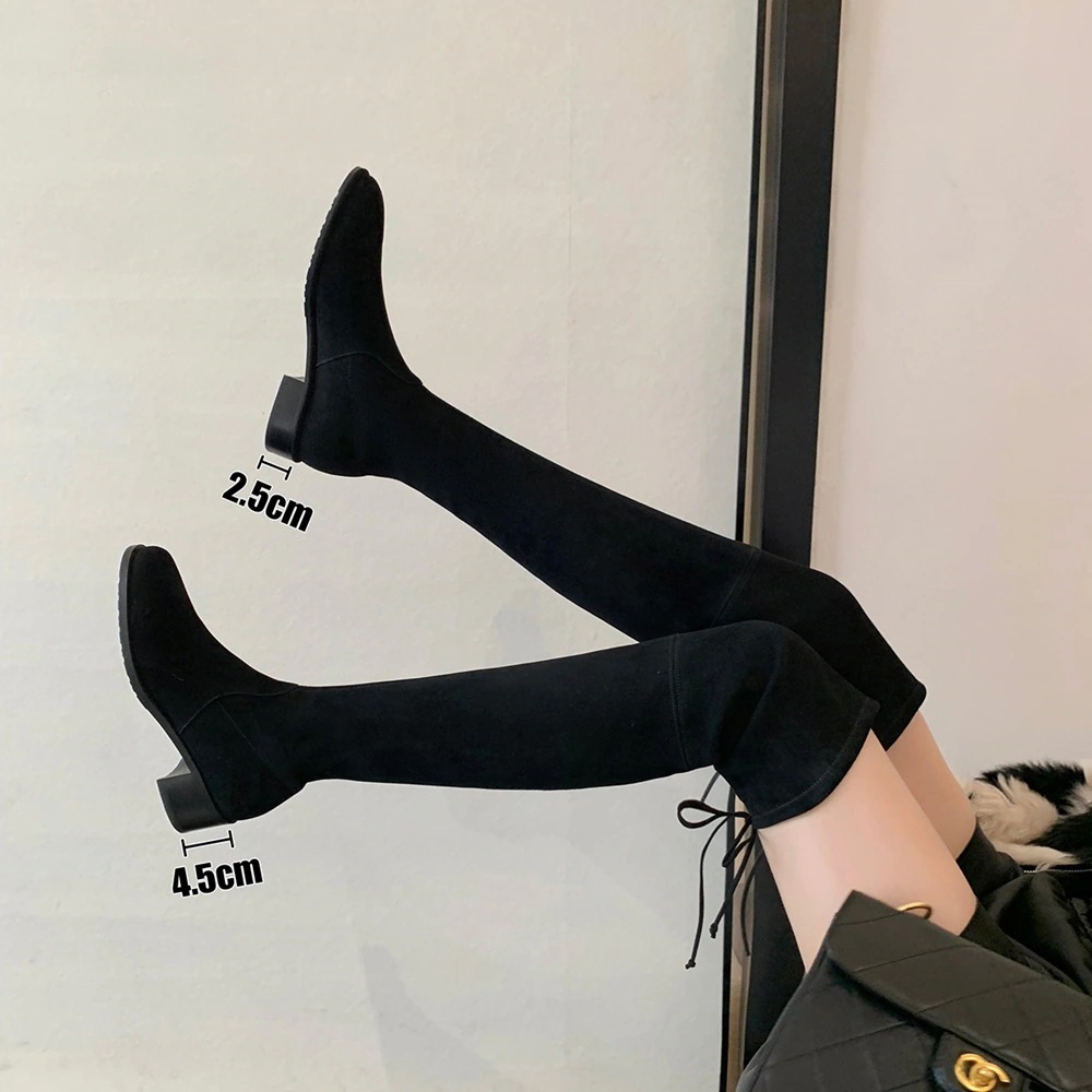 膝を越えた長靴の女性の新しい弾力性が太いとスリーブの長靴の平底の丸い頭が痩せているブーツ