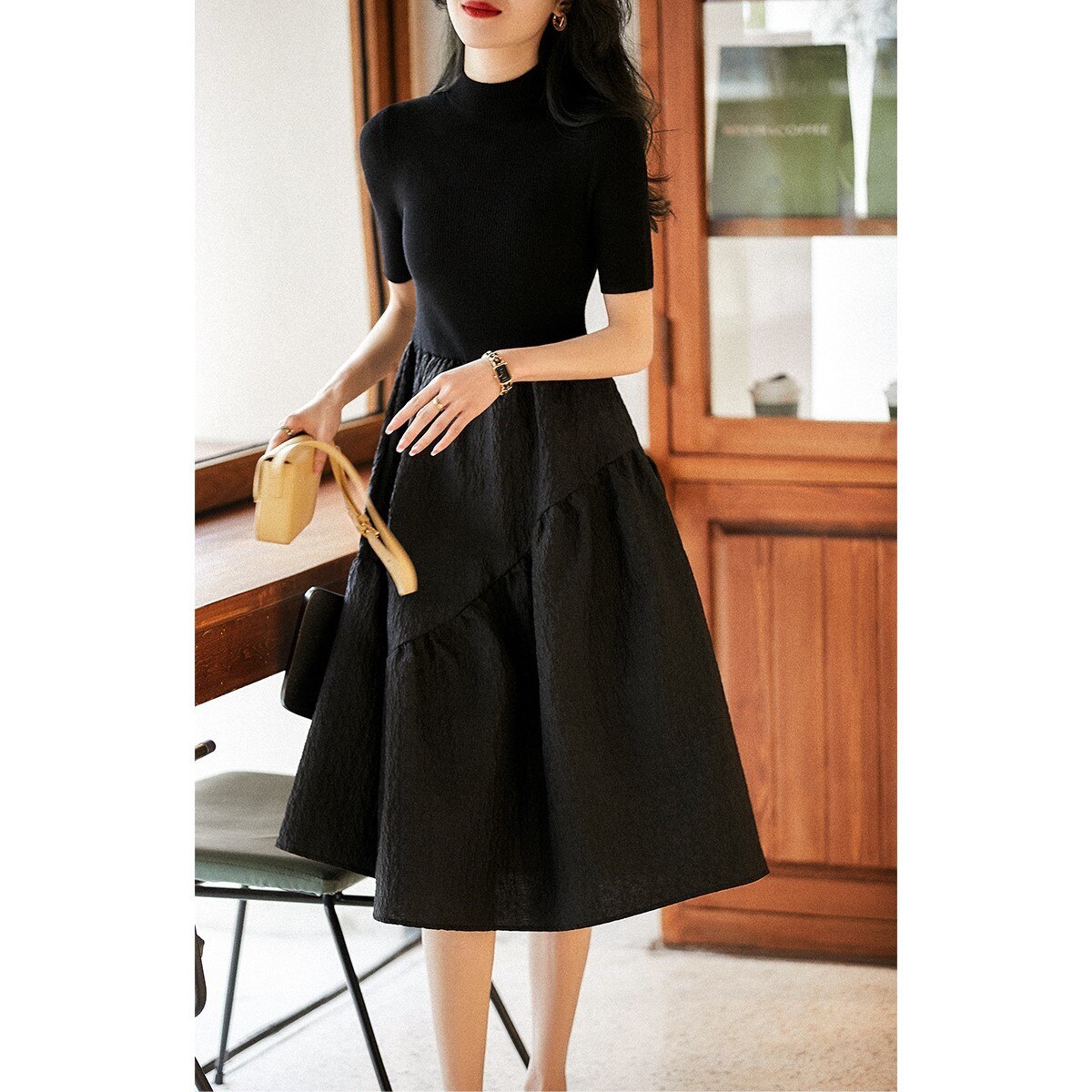 ワンピース レディース 40代 きれいめ マキシワンピース 春夏新作 半袖ワンピース 黒ドレス ニッ