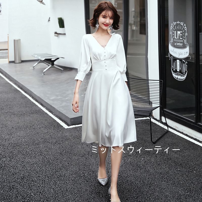 ウェディングドレス vカット Aラインドレス 結婚式 二次会 披露宴 前撮り ワンピース 花嫁 ゲストドレス カクテルドレス ブライダル ミディアム丈 シンプル