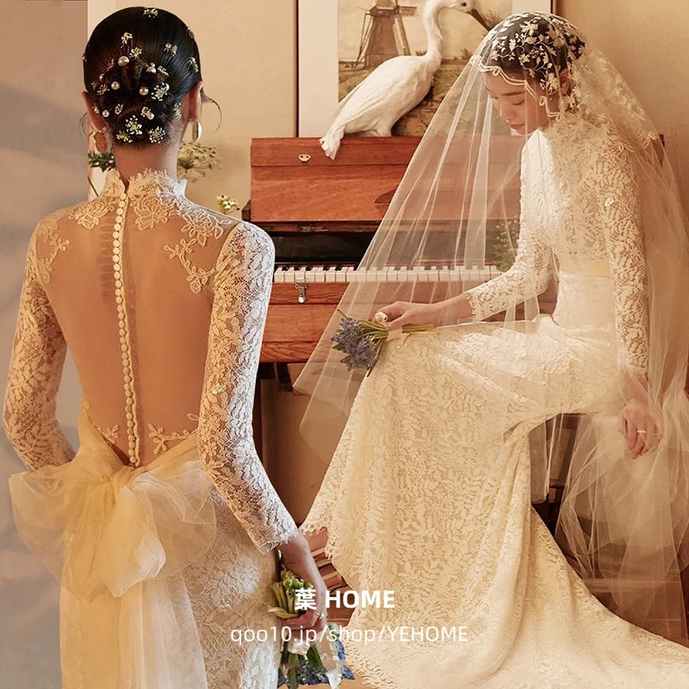 ウェディングドレス 白 長袖 パーティードレス レース 森系 花嫁ドレス 二次会 ドレス 花嫁 ドレス 背中を出し イブニングドレス 透かし彫り背中 リボン