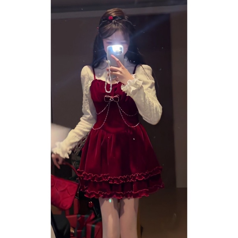 クリスマス服バーガンディベルベットドレス秋冬純粋な欲望デート新年シャツスーツスカート