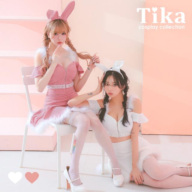 バニー コスプレ バニーガール 衣装 へそ出し ふわふわ フェザー付き フレア スカート ガーリー ペアバニー 3点セット