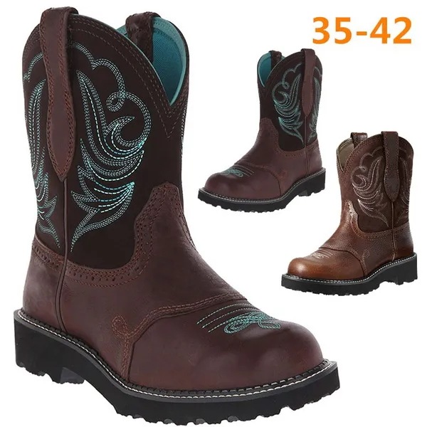 Winter Fashion Womens Round Toe Western Leather Boots Woman Mid Calf Boots Vintage Leather Cowboy Bo