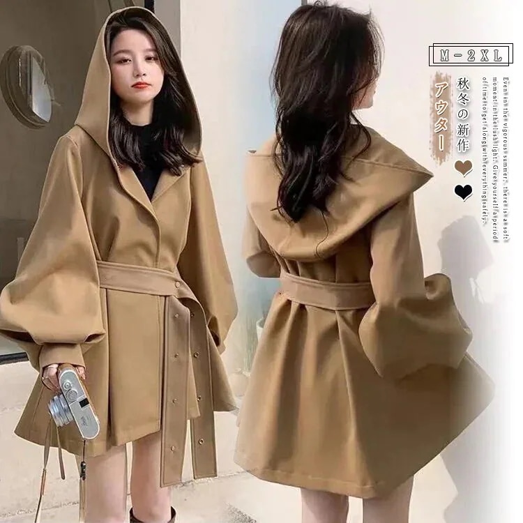 MN034トレンチコートトップスレディースショート丈長袖フード付き秋の新作ゆったりマント枚アウター