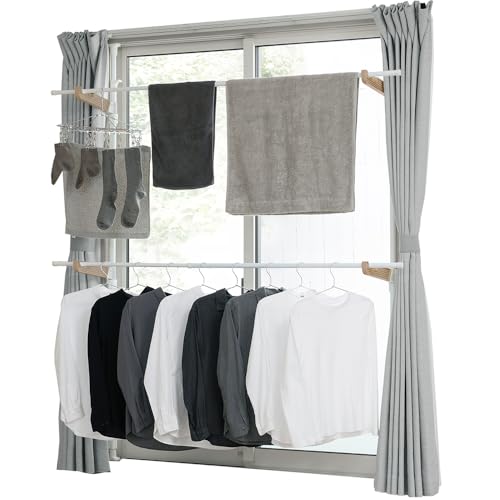 【Amazon.co.jp限定】アイリスオーヤマ 洗濯物干し 窓枠物干し 省スペース コンパクト 約4人用 高さ約190~260cm MW-260NRPA ホワイト/ベージュ