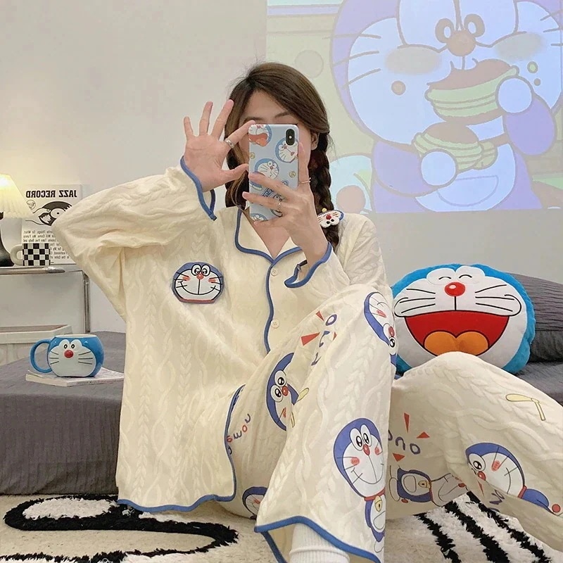 超人気ドラえもん長袖ズボンラペル春秋パジャマレディースゆったり家着外着可能