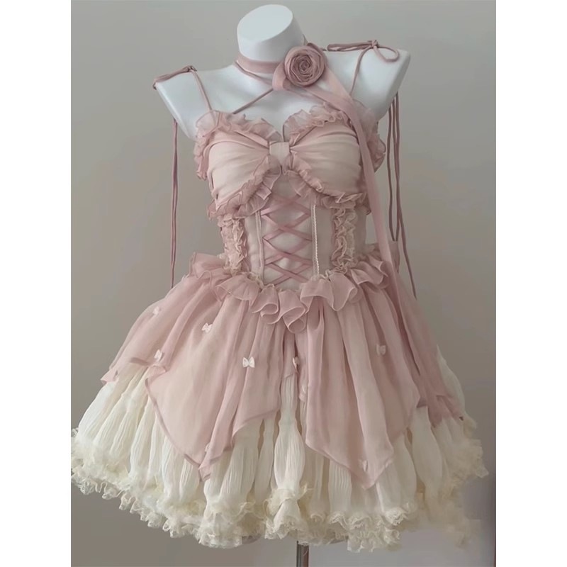 ピンクの優しいバレエロリータドレスjskドレスフラワーウェディングロリータプリンセスドレス
