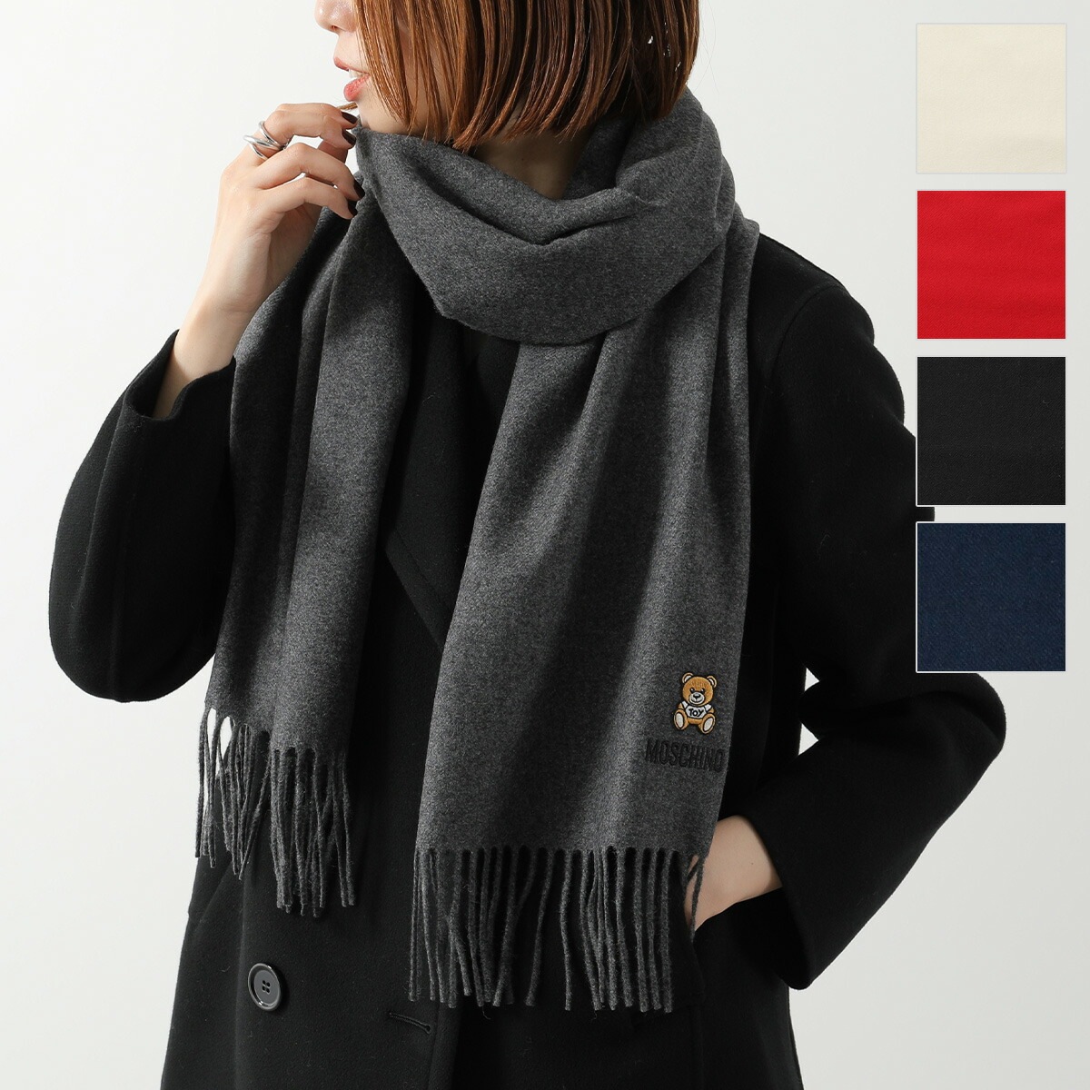 MOSCHINO モスキーノ 50124 M5293 カラー8色 ウール フリンジ マフラー ストール テディベアパッチ×ロゴ刺繍 レディース メンズ