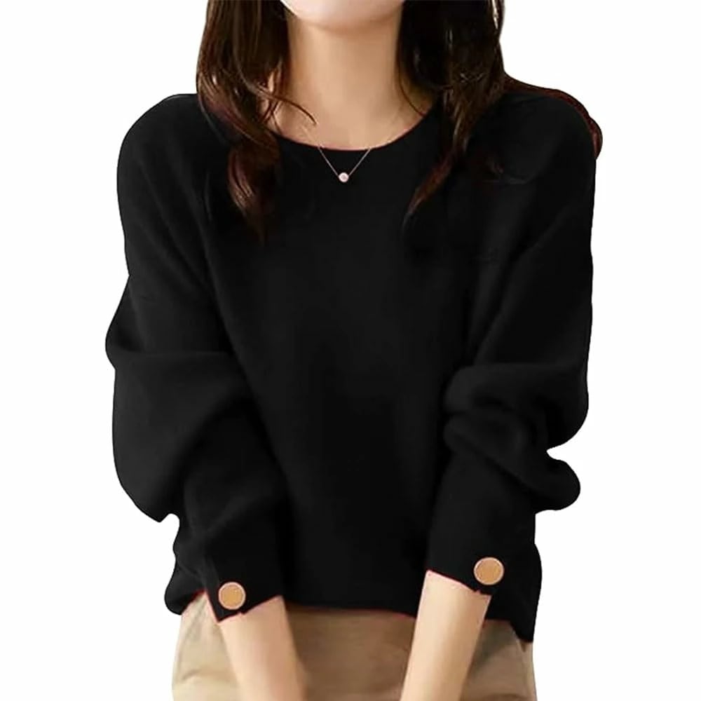 ニット セーター レディース 長袖 袖ボタン プルオーバー 柔らか 無地 着痩せ シンプル おしゃれ 上品 春 秋 冬 LIY53