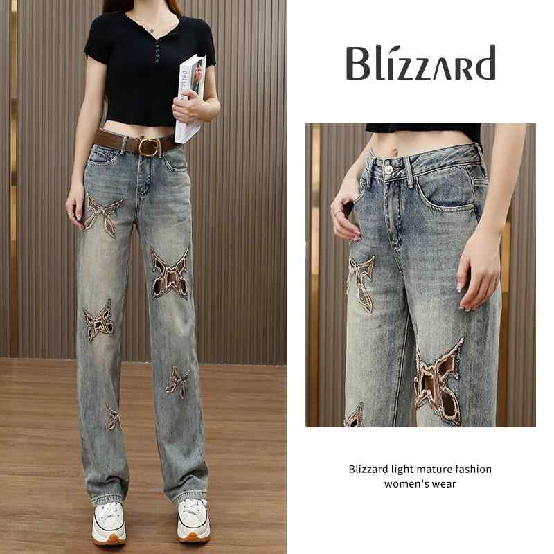 レディース ファッション カジュアル おしゃれ ハイウエスト ワイドレッグ ジーンズ ストレート ナロー 夏 刺繍 レングス パンツ