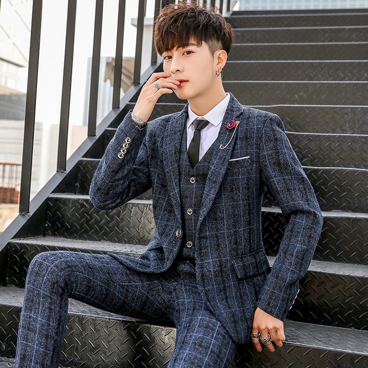 入学式スリーピーススーツカジュアルスーIツ結婚式スーツスリムスーツメンズビジネス紳士服セットアップ3ピーススーツシングルウォッシャブル洗える3点セット通勤就職入社式卒業式大きいサイズ宴会パーティー