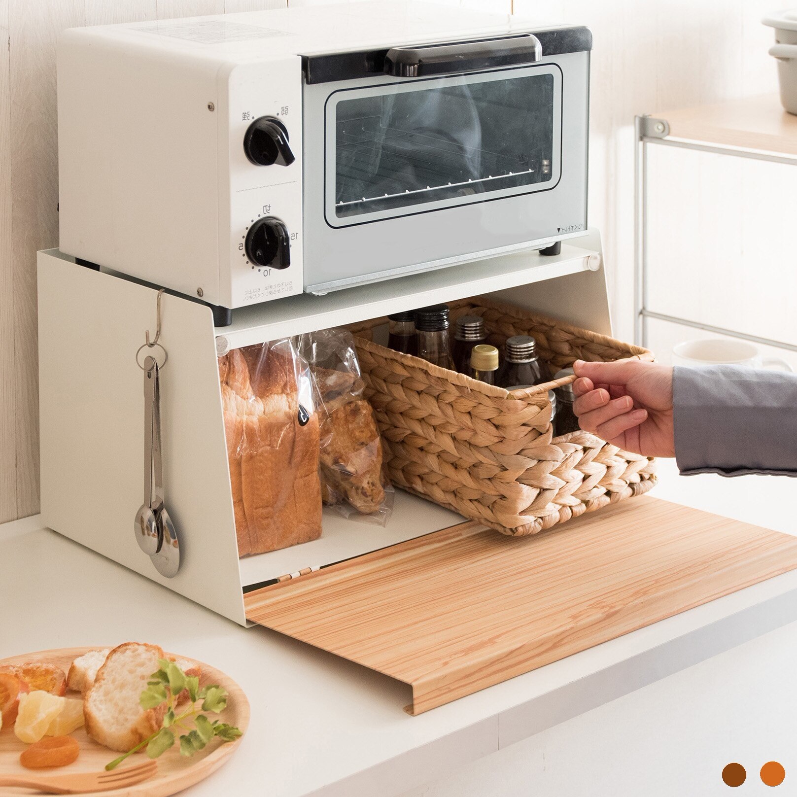 トースター台 パンや調味料をまとめて収納 ブレッドケース 幅39cm 木目柄スチール製