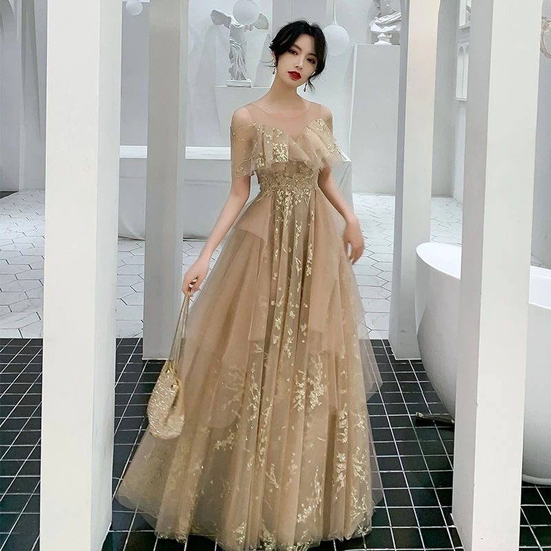 カラードレス 編み上げ パーティードレス フォーマルドレス ロングドレス シャンパンゴールド フリルスリーブ 結婚式 二次会 発表会 大人 ファッション キラキラ ゲストドレス ウェディングドレス ウ