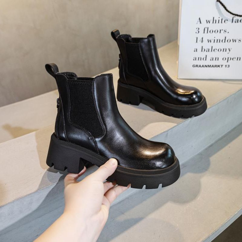 トップ層牛革チェルシーブーツ女性タバコブーツ秋冬新商品丸い頭の厚い底の中と足の女性ショートブーツ