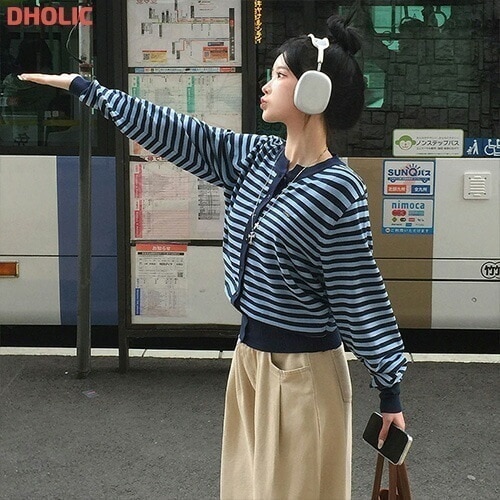 [メガ割りSALE]ラウンドネックボーダーカーディガン