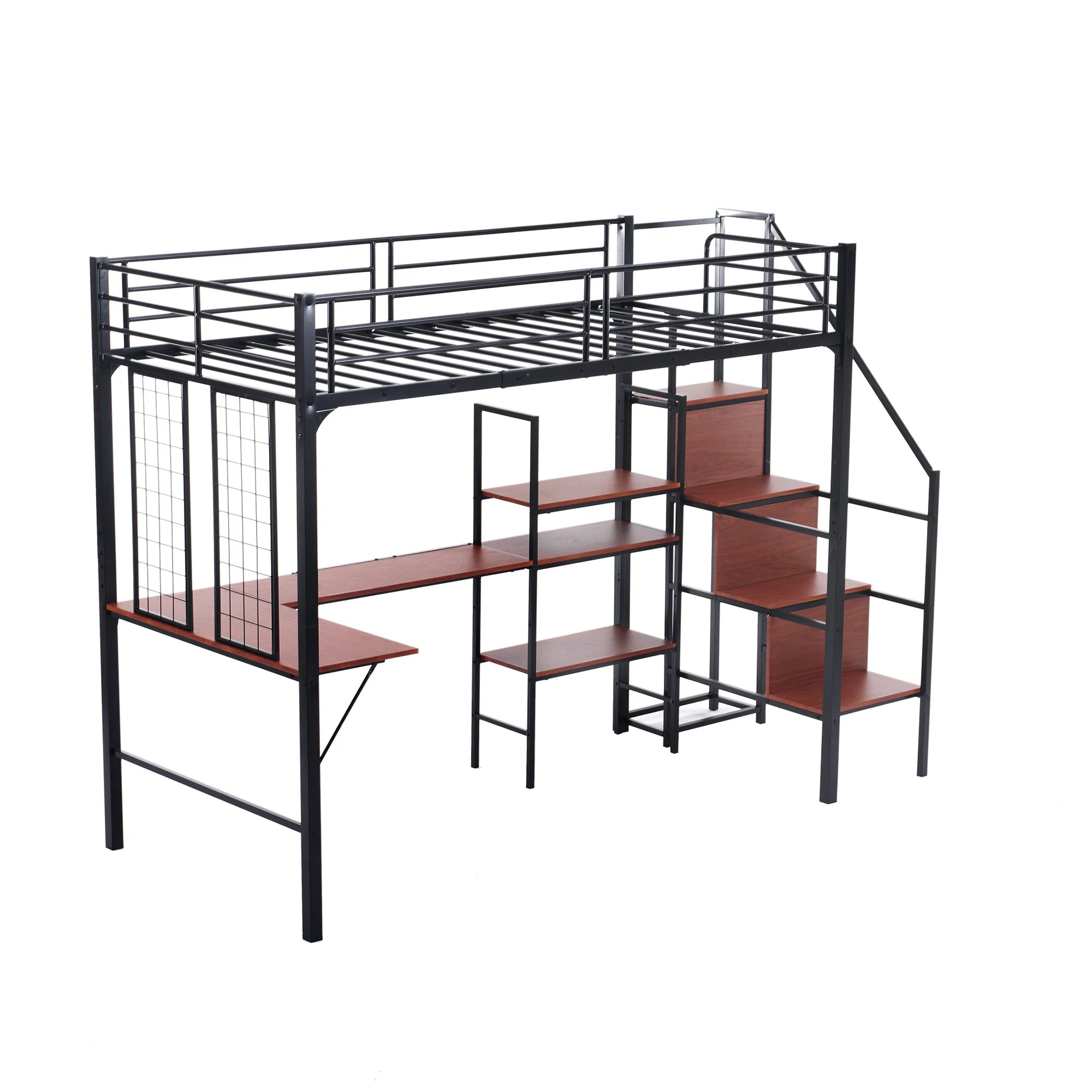 882025新作 ロフトベッド シングル 収納棚付き デスク付き 階段付き 北欧風 木目 子供ベッド 大人ベッド 一人暮らし スチール 耐震 ベッド ブラック