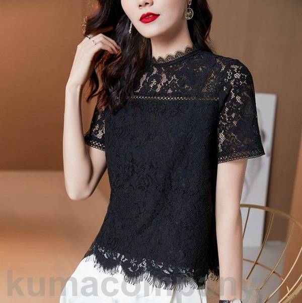 レース トップス レディース 夏 春 半袖 ブラウス カットソー スタンドカラー 大きいサイズ 3L 黒 白 シンプル きれいめ カジュアル 通勤服 オフィス スーツ インナー おしゃれ 上品 20代
