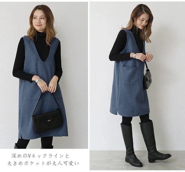 スカートミディアムスカートロング丈 ノースリブ 深Vネック ジャンスカ 選べる長さ ジャンパースカート スキッパー ミディアム丈