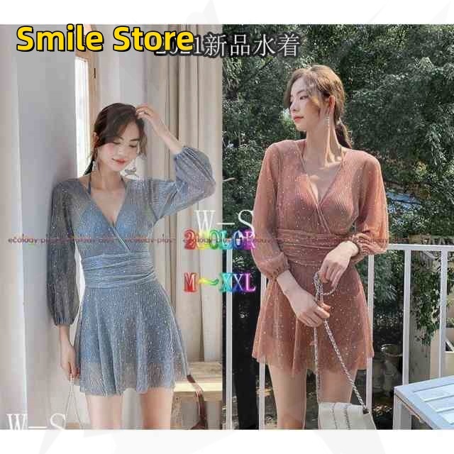 レディースオールインワン水着ワンピース水着長袖体型カバーシフォンVネック露出控えめ温泉用お湯用2colorM-XXL