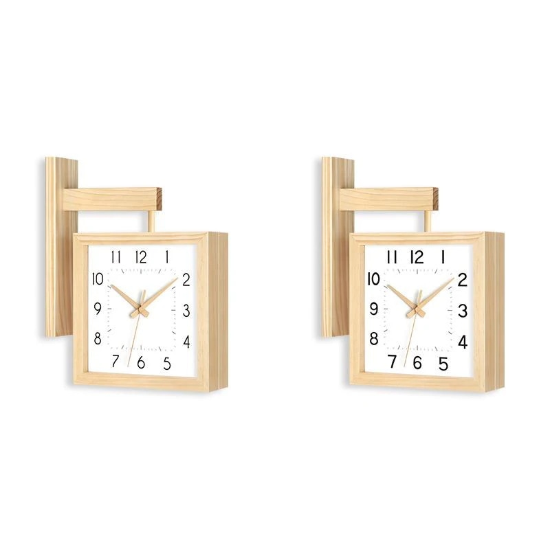 クロック デザイン 時計 壁掛け時計 おしゃれ 木製掛け時計 両面創意クロック 無垢 木製指針 四角い 木製時計 天然木 連続秒針 静音 部屋装飾 プレゼント