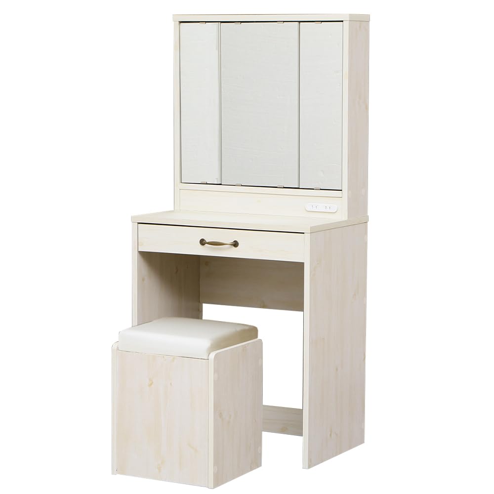 アイリスプラザ 鏡 ドレッサー 白 コンパクト 化粧台 鏡台 三面鏡 メイク台 2口コンセント 椅子付き スツール・扉内・引き出し収納 コスメ 収納デスク 幅60×奥行41×高さ130cm ホワイト