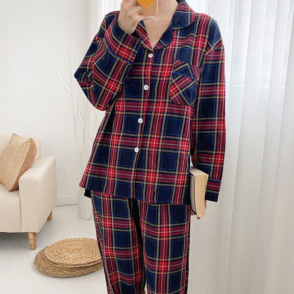 メリーチェック長袖ツーピースレディースパジャマ レッドチェック_P313779992