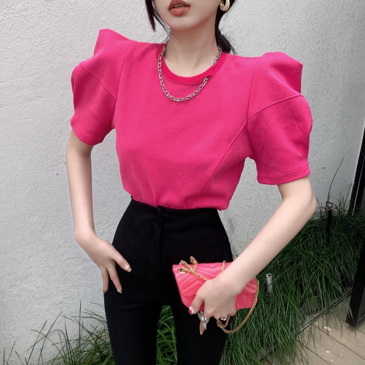 ゆったり直角肩パフスリーブtシャツ夏新作韓国無地ラウンドネックボトムシャツ2024春夏新作トレンド