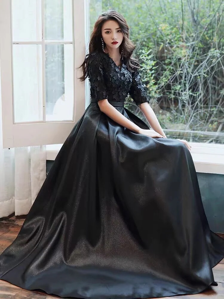 ドレス 大人 ピアノ 発表会 ロングドレス イブニングドレス 黒 演奏会 結婚式 母親 ピアノ発表会 袖付き XS 小さいサイズ 大きいサイズ ミモレ丈 ロング ワンピ