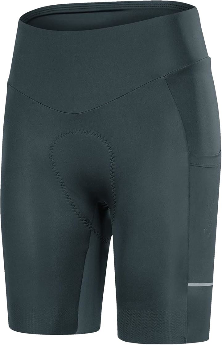 レディース サイクルパンツ サイクルショーツ ハイウエスト4Dパッド 高弾性 通気性 サイドポケット 滑り止め 反射ストライプ 自転車ロードバイクショーツ(グレー, L)