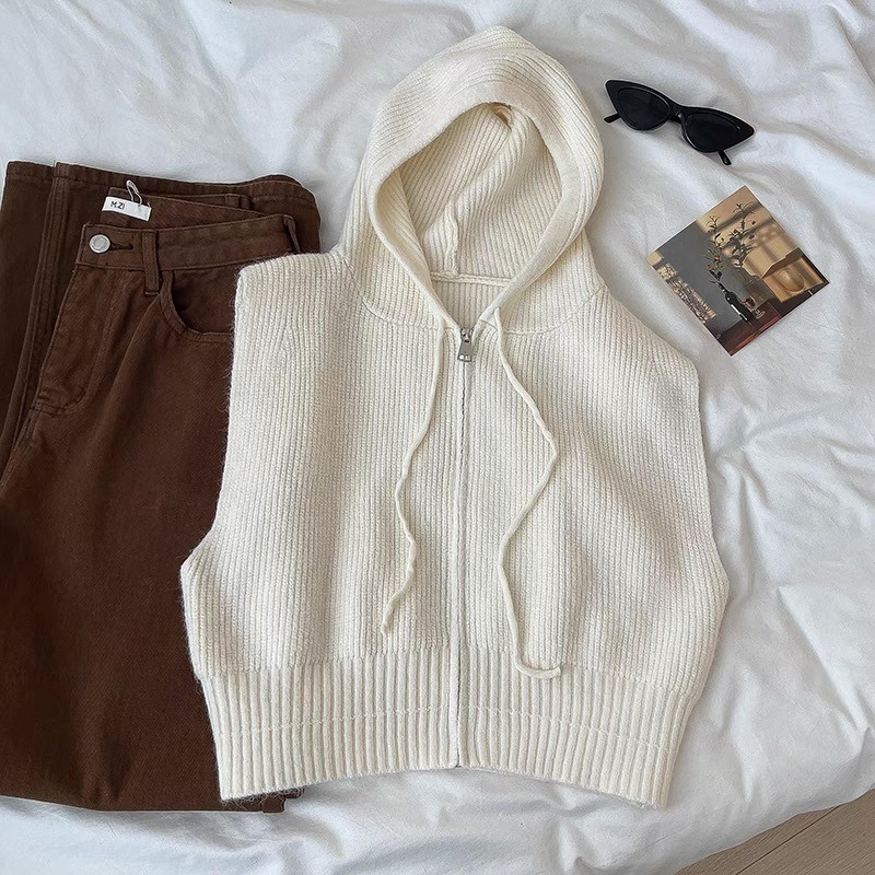 レディース トップス ニット ベスト 袖なし ノースリーブ フード ストリート 前開き ケーブルニット かわいい 大人可愛い きれいめ シンプル カジュアル おしゃれ かっこいい レトロ こなれ感