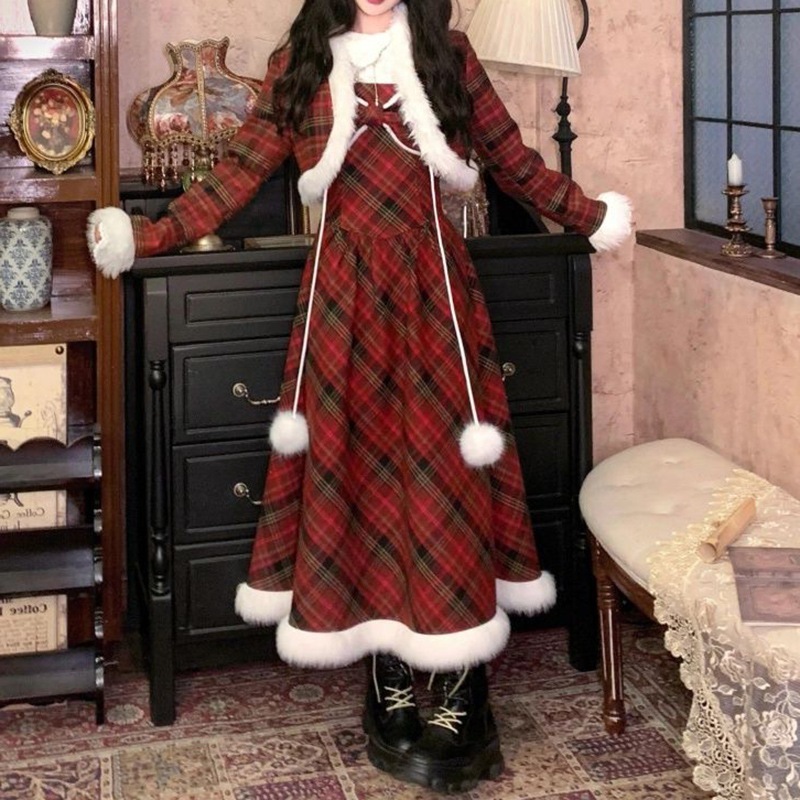 レディース 新年 バトルローブセット 秋冬 チェック柄 暖かいコート ハイウエスト サスペンダードレス ベーストップ 3点セット